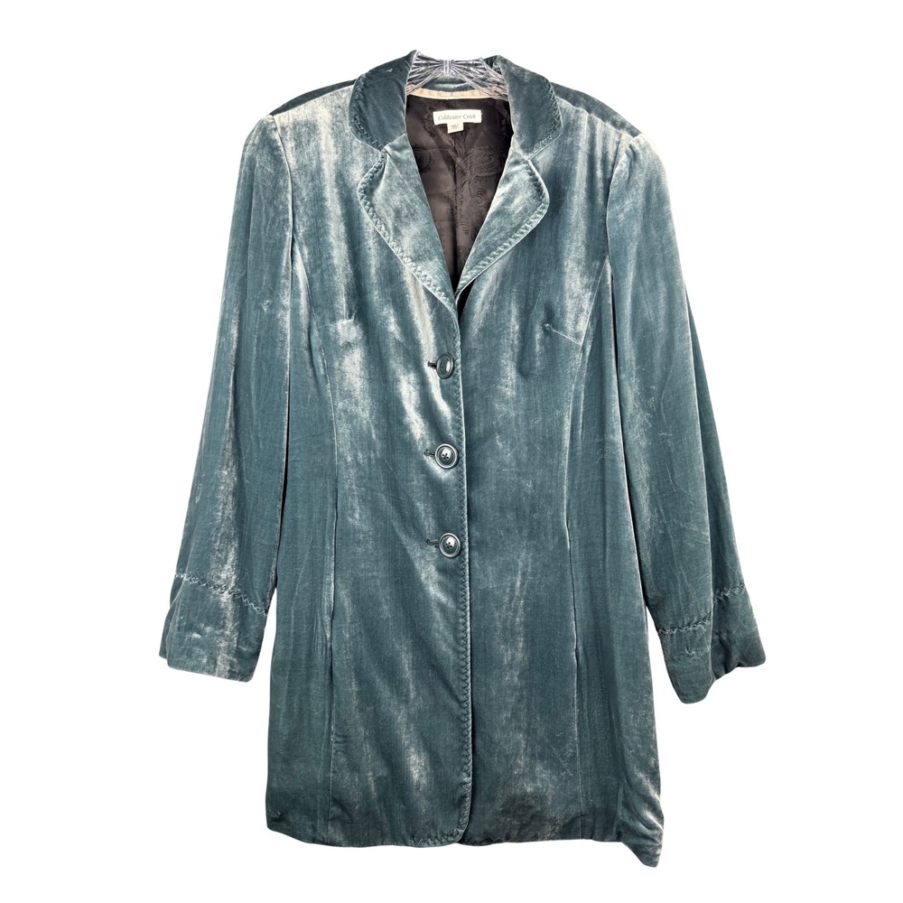 Coldwater Creek Blue Silk Blend Velvet Longline Blazer Jacket Coat Womens 14